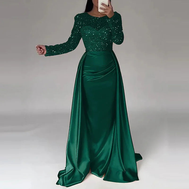Elegant Satin Sequin Stitching  High Waist Dress