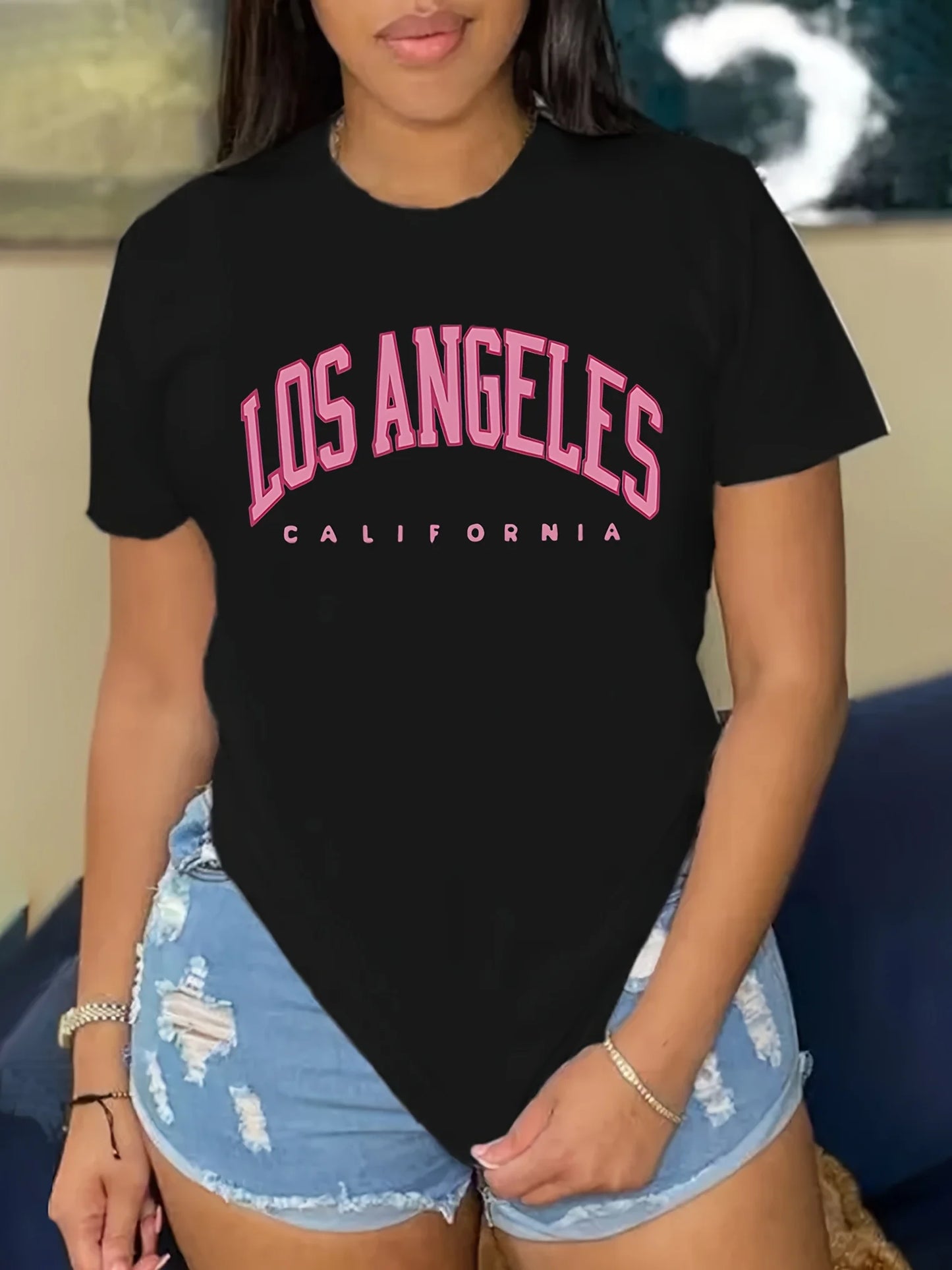 LOS ANGELES Letter Print T-Shirt - Short Sleeve