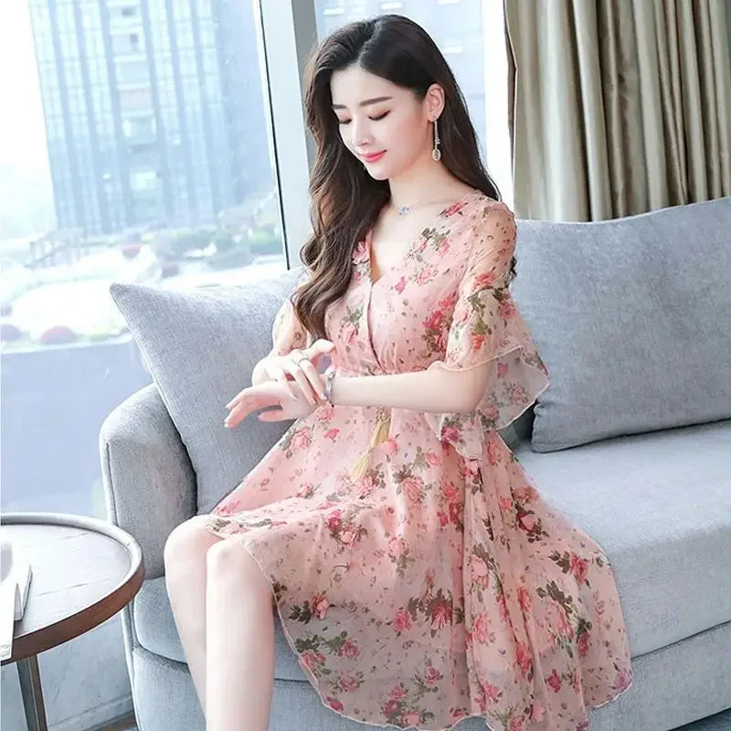 Short Sleeve Flower Floral Mini Dresses