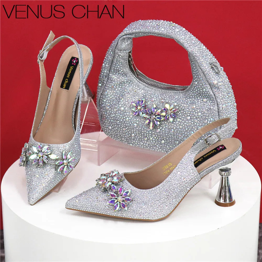 Pointed Toe High Heels,  Bags Set With Rhinestone