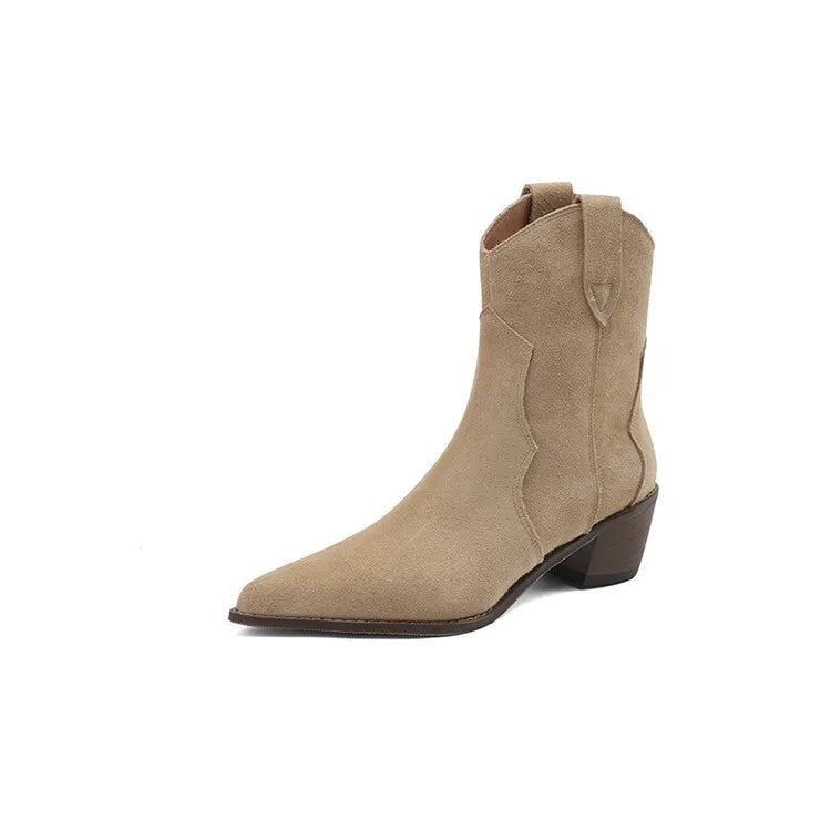Cow Suede Pointed Toe Chunky Heel Boots