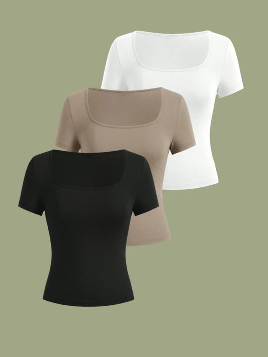 3-Piece Women's Square Collar Short-Sleeved  T-Shirt