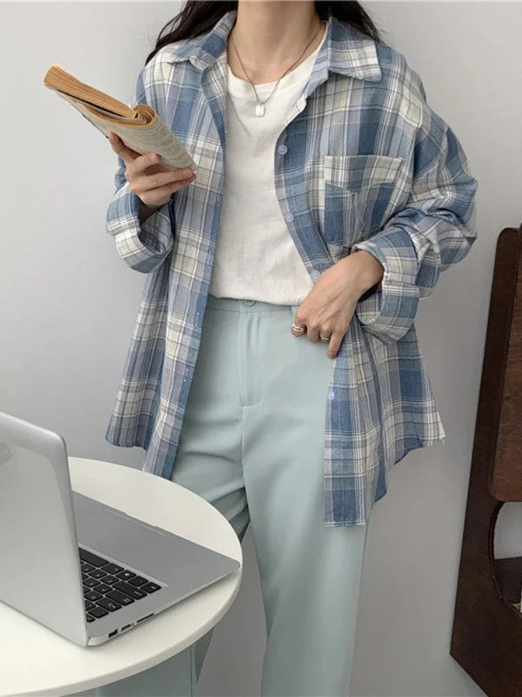 Long Sleeves Mid Length Plaid Shirt