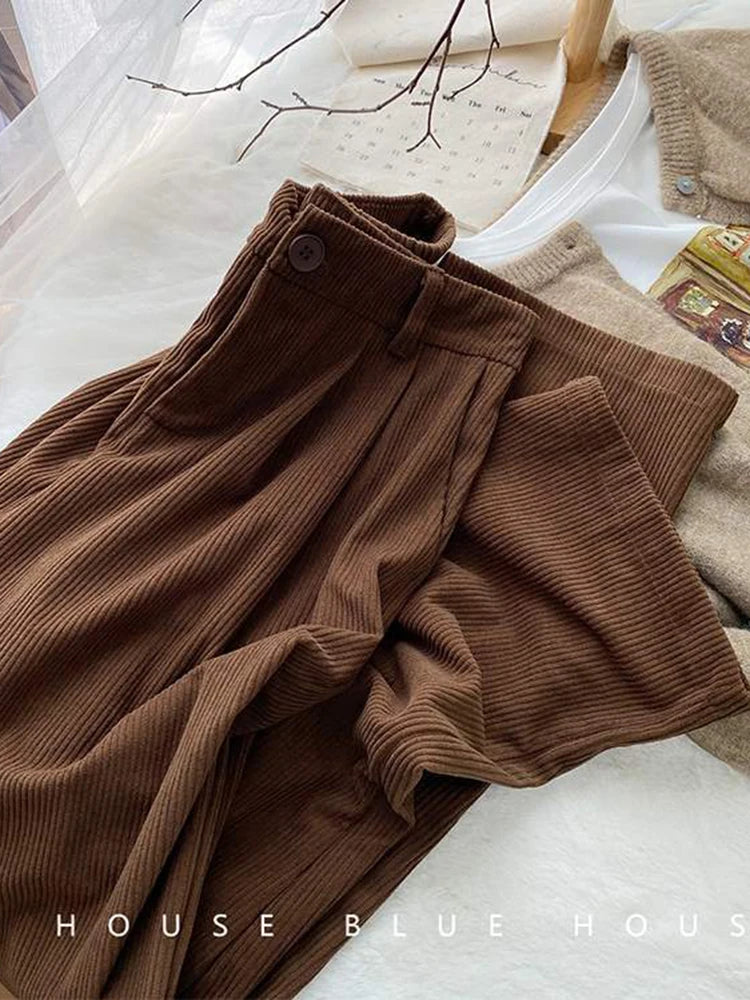 Corduroy Pants Full Length Trousers Coffee Pocket