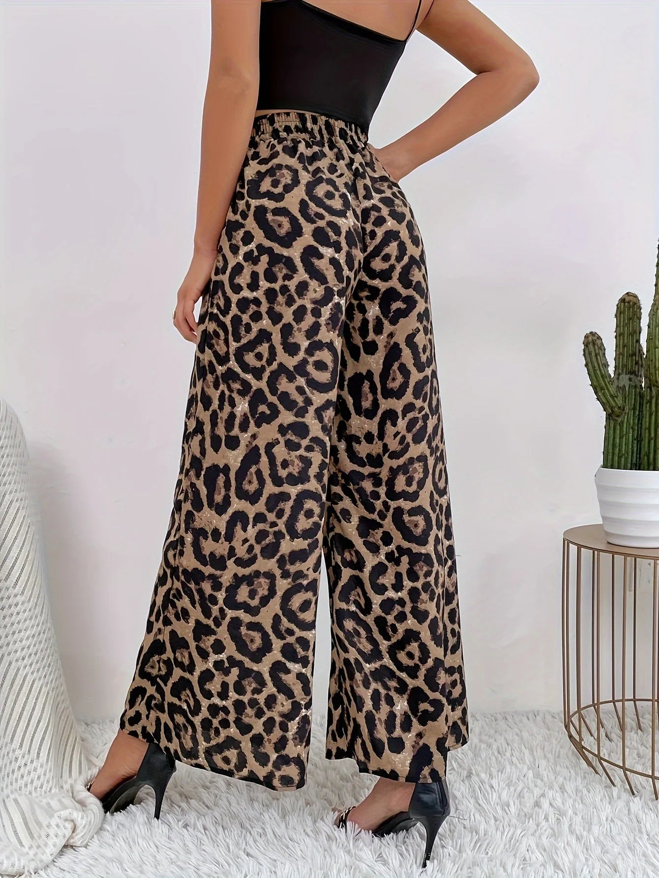 American  leopard print elastic waist wide leg
