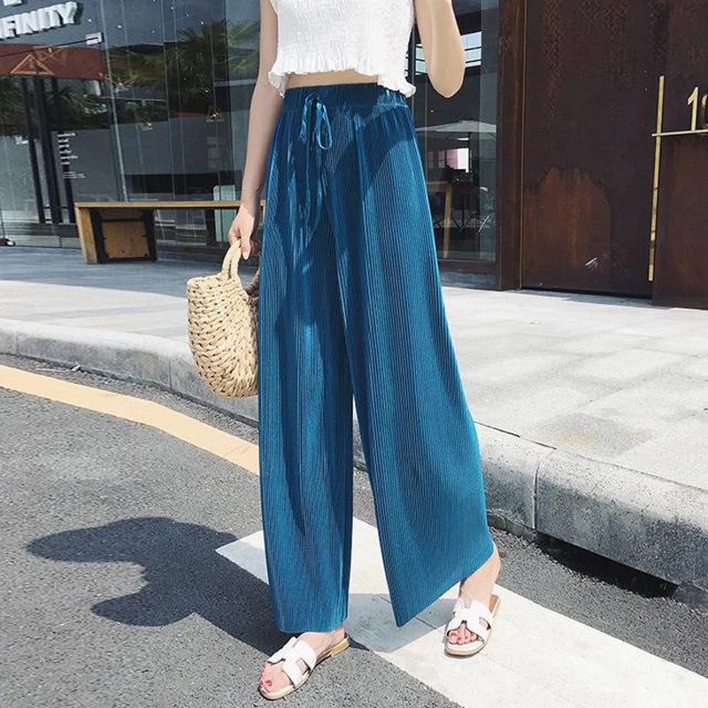 Pleated Ice Silk  Elastic Waist Casual Pants