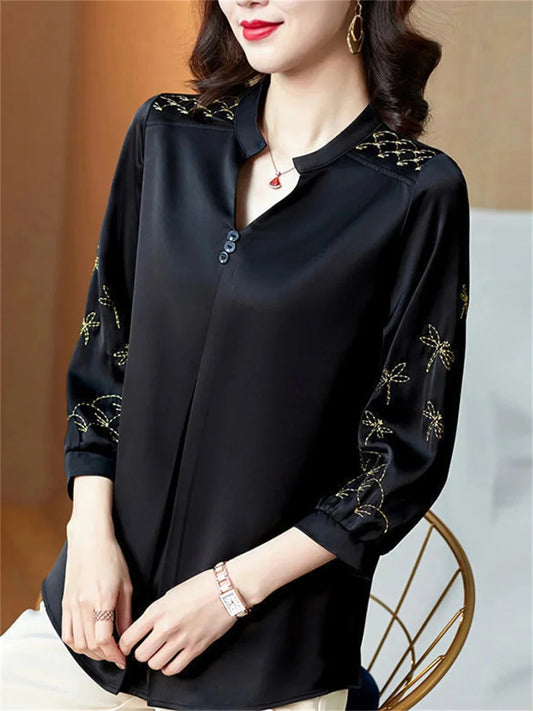 Three Quarter Sleeve V-Neck Embroidery Tops