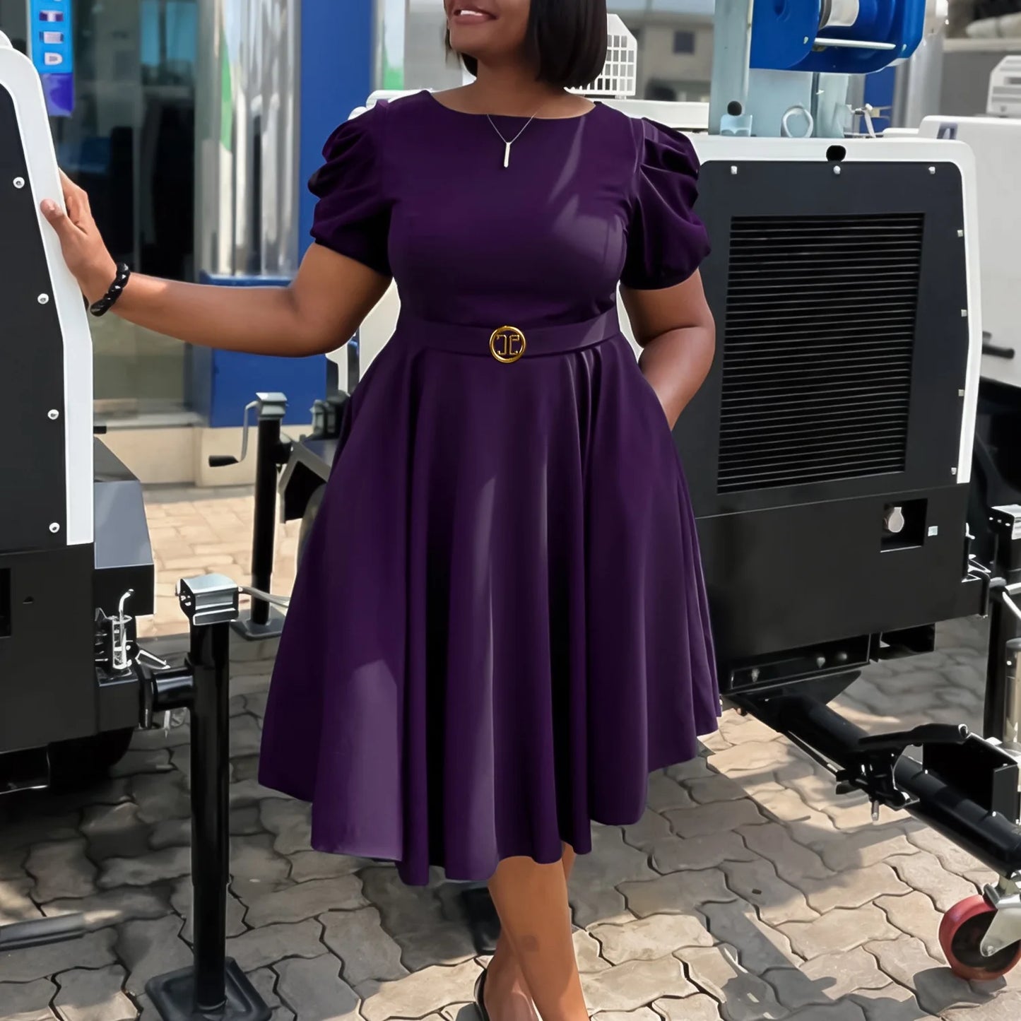 Short Sleeve Belt Waisted Pleated Mid Calf