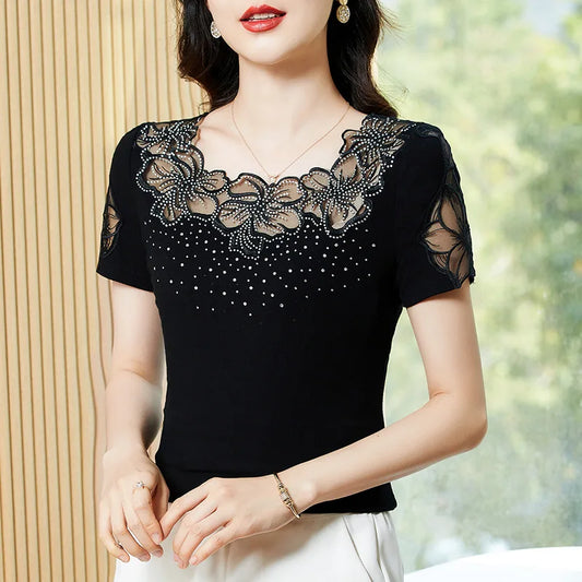 Short Sleeved O-Neck  Mesh Lace Tops