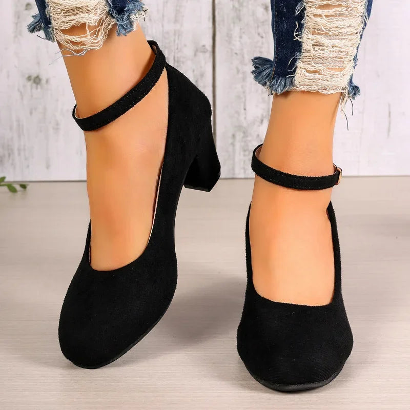 Thick Heels Women's Black  Pumps Suede
