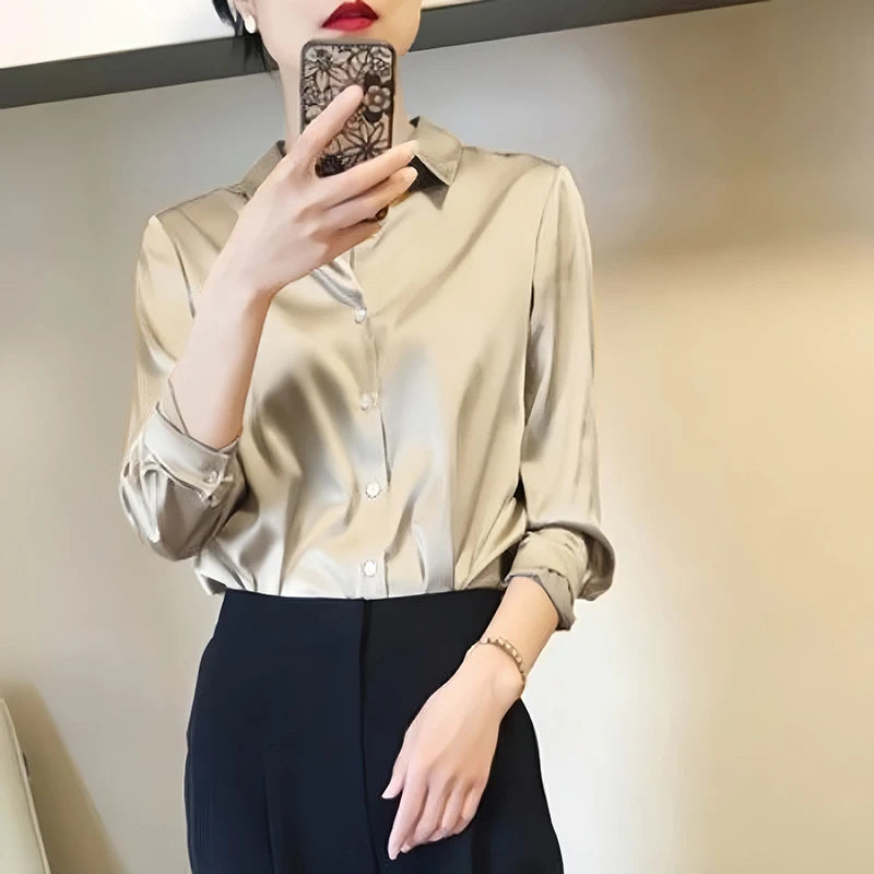 Satin Finish Blouses Long Sleeve Button