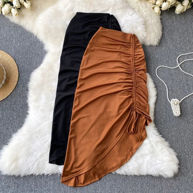 Sexy Lace Up Drawstring Folds Midi Skirt