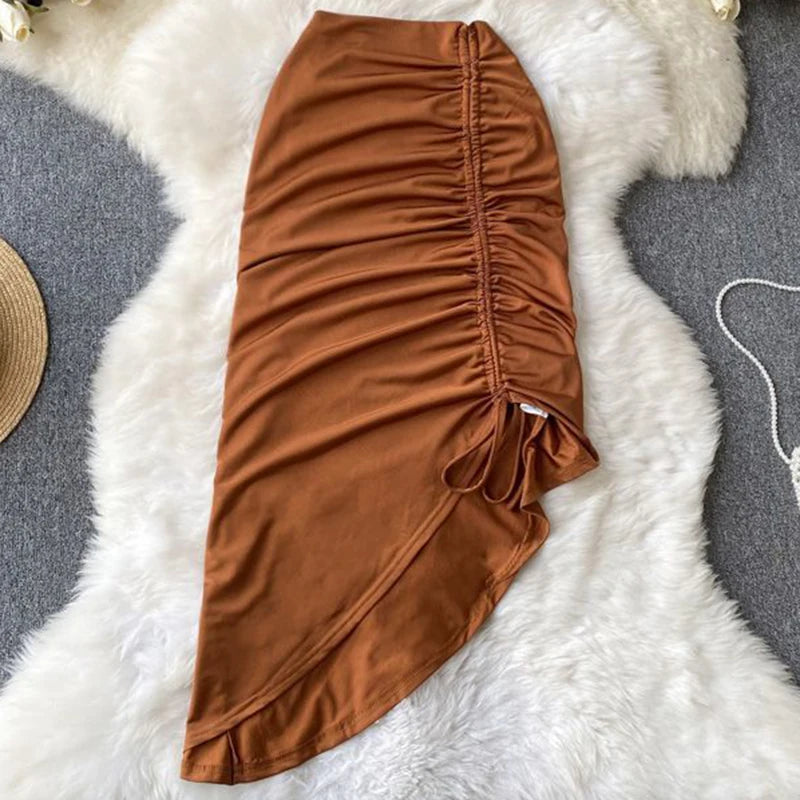 Sexy Lace Up Drawstring Folds Midi Skirt