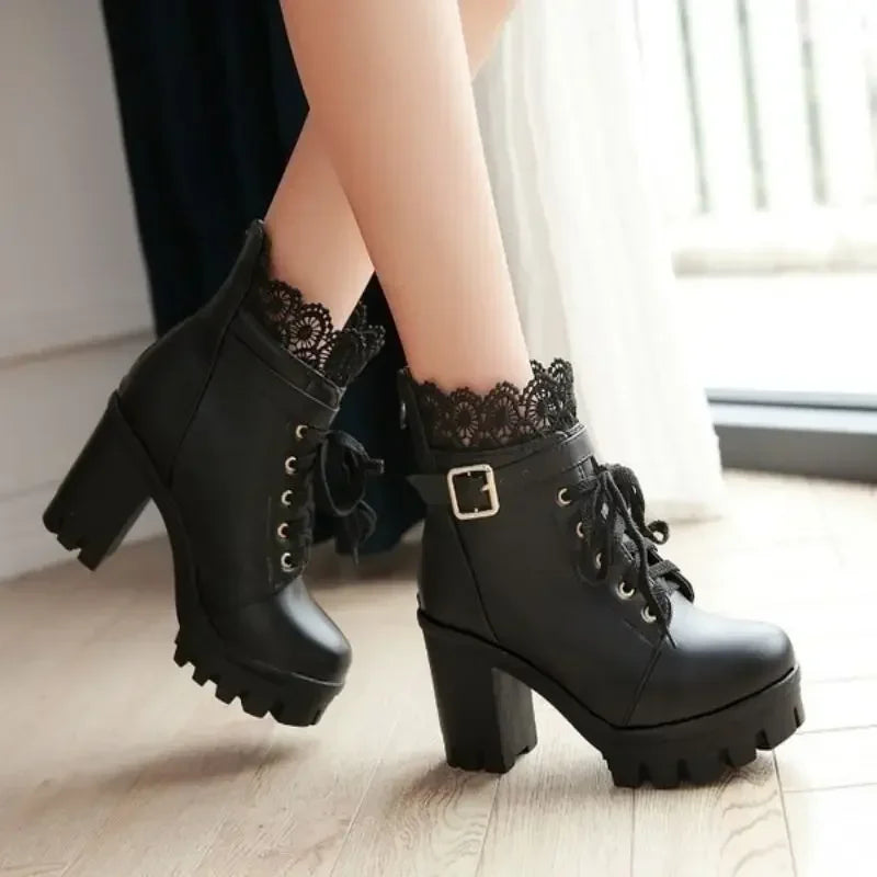 Block High Heels Ankle Boots Lace