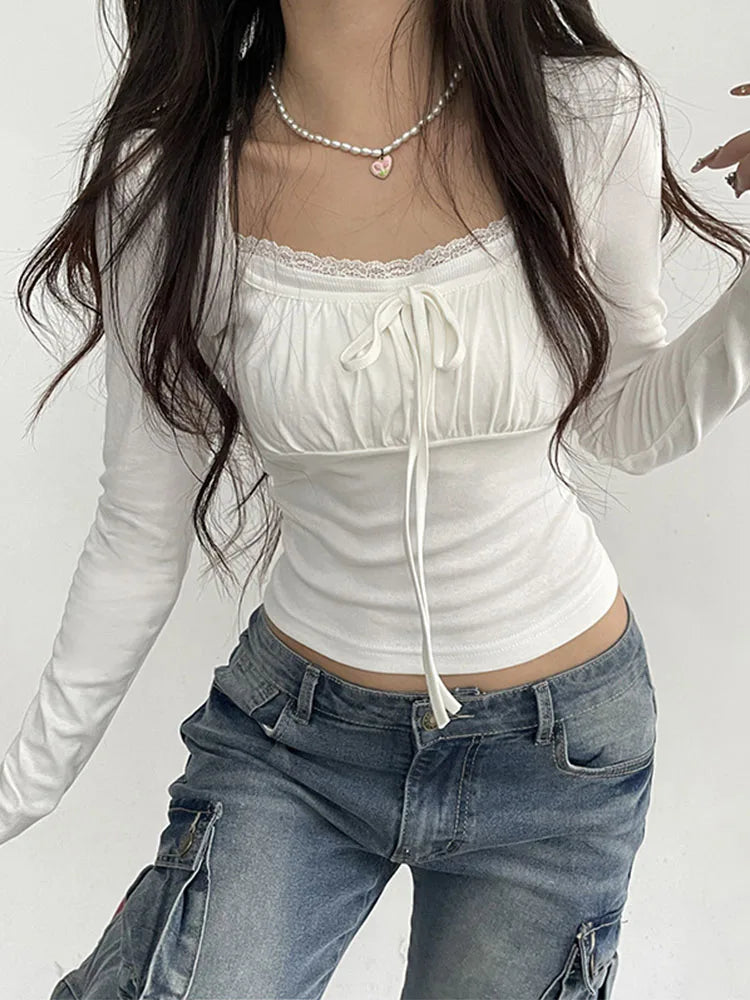 Square Collar Crop Top  Knitted Elegant Tee
