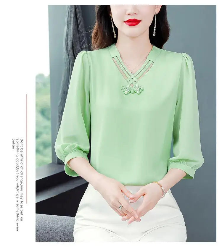 V Neck  3/4 Sleeve Pullovers Chiffon Blouse