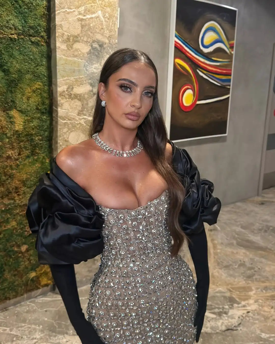 Luxury Sparkly  Long Sleeves Strapless Beaded Diamonds