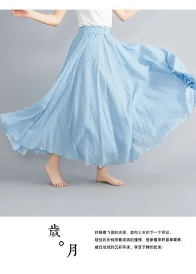 Cotton Linen Dress Elastic Waist Long Skirts