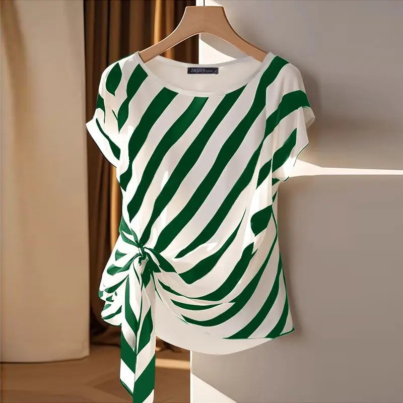 Striped Printed  Short Sleeve Blouse Casual