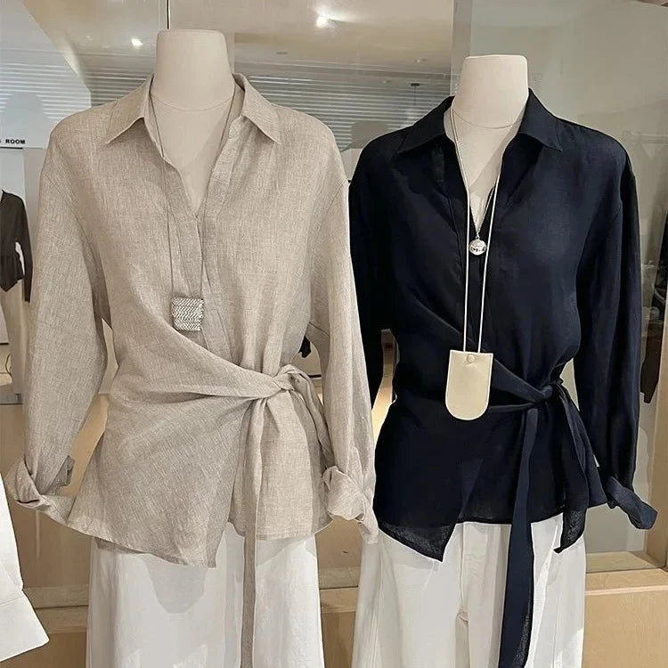 Loose Long Sleeve Asymmetrical Waist-Cinching  Top