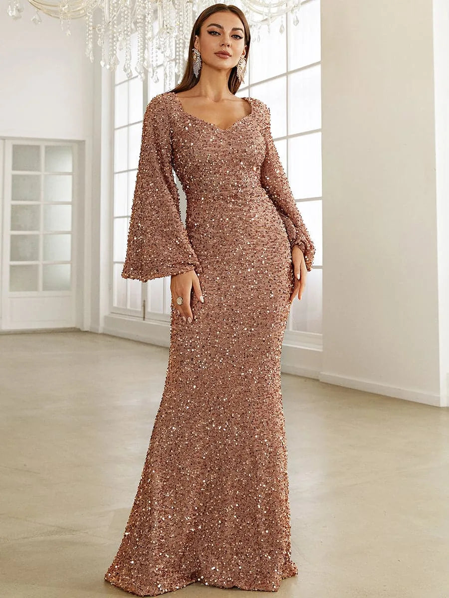 Elegant, Slim V-neck Wrapped Hip Sequin Dress