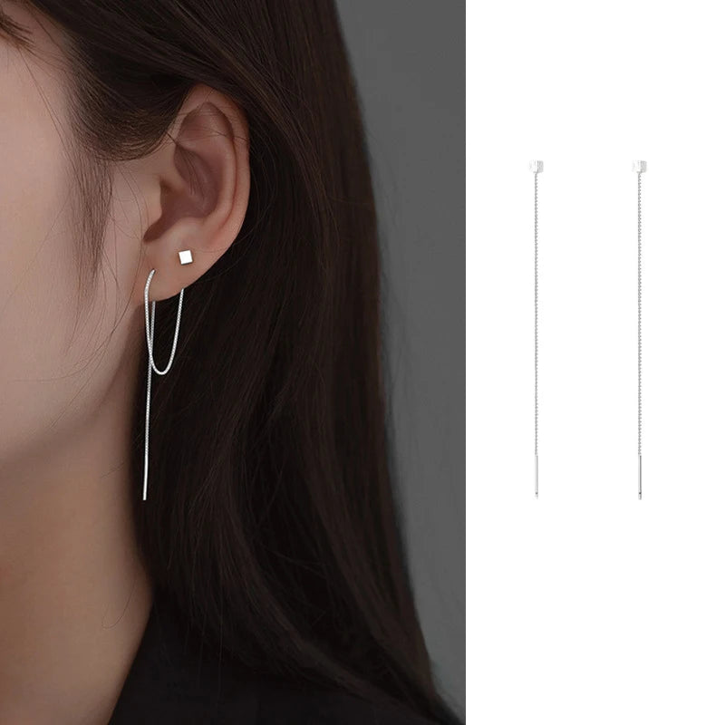 Silver Needle Star Line Tassel Drop Earring