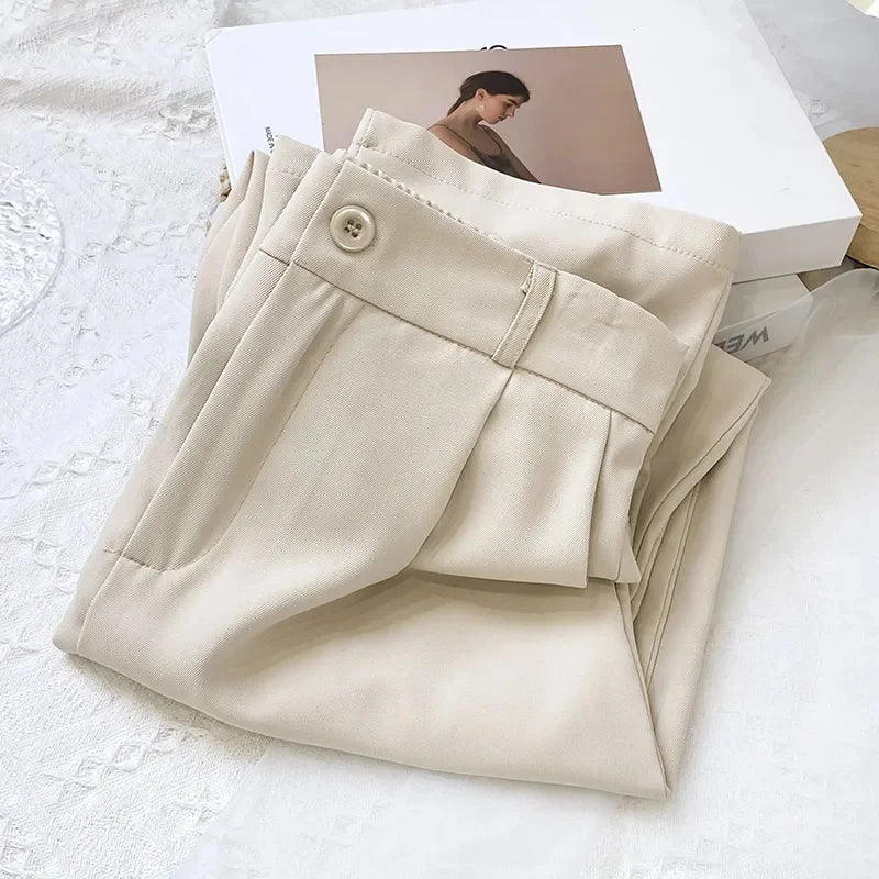Suit Pants Solid Color Elastic Waist Ankle-Length