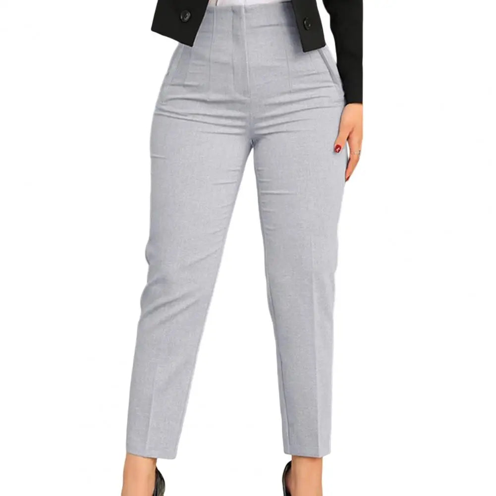 Trousers High Waist Pleated Pockets Solid Color
