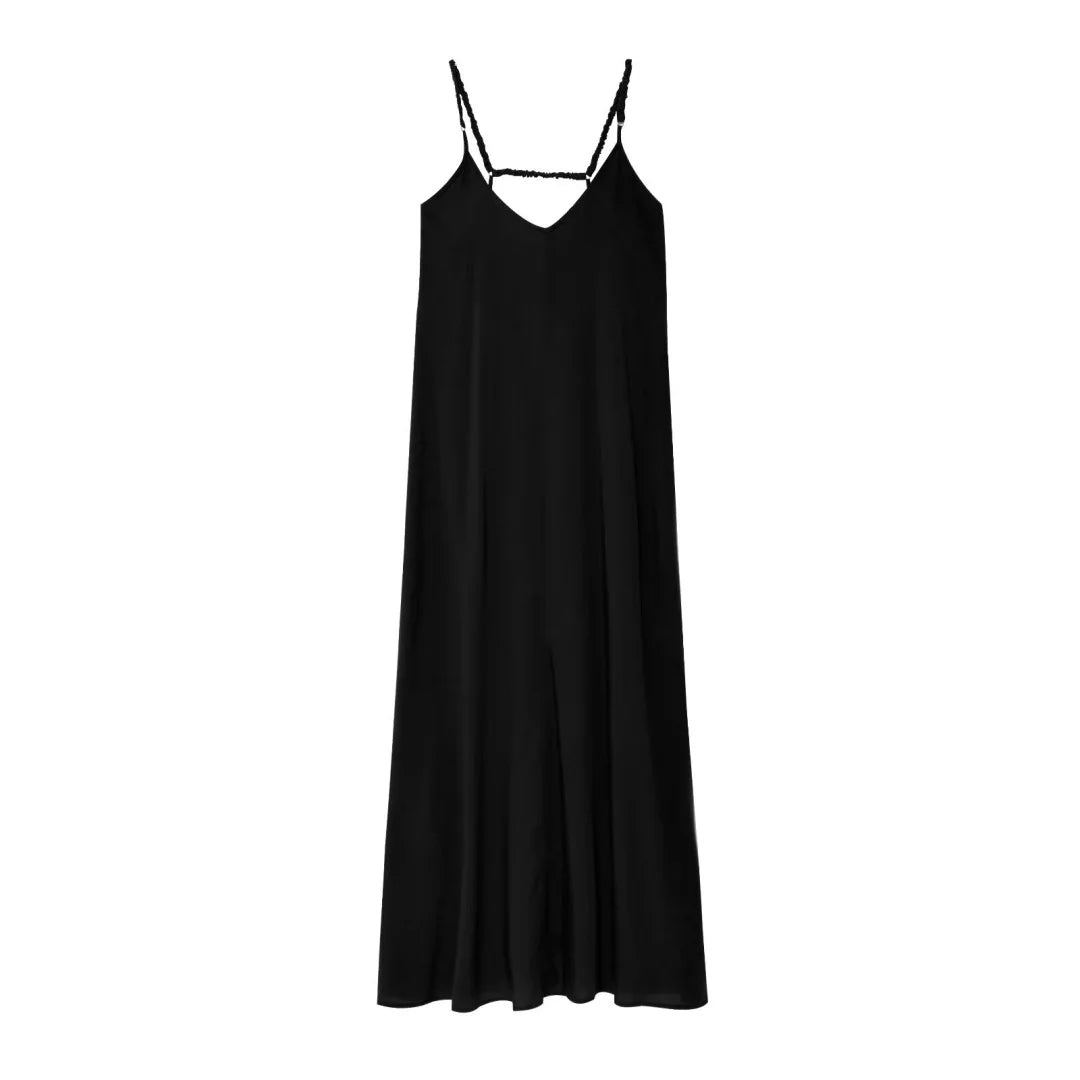 Solid Backless Sling Sleeveless Midi Dresses