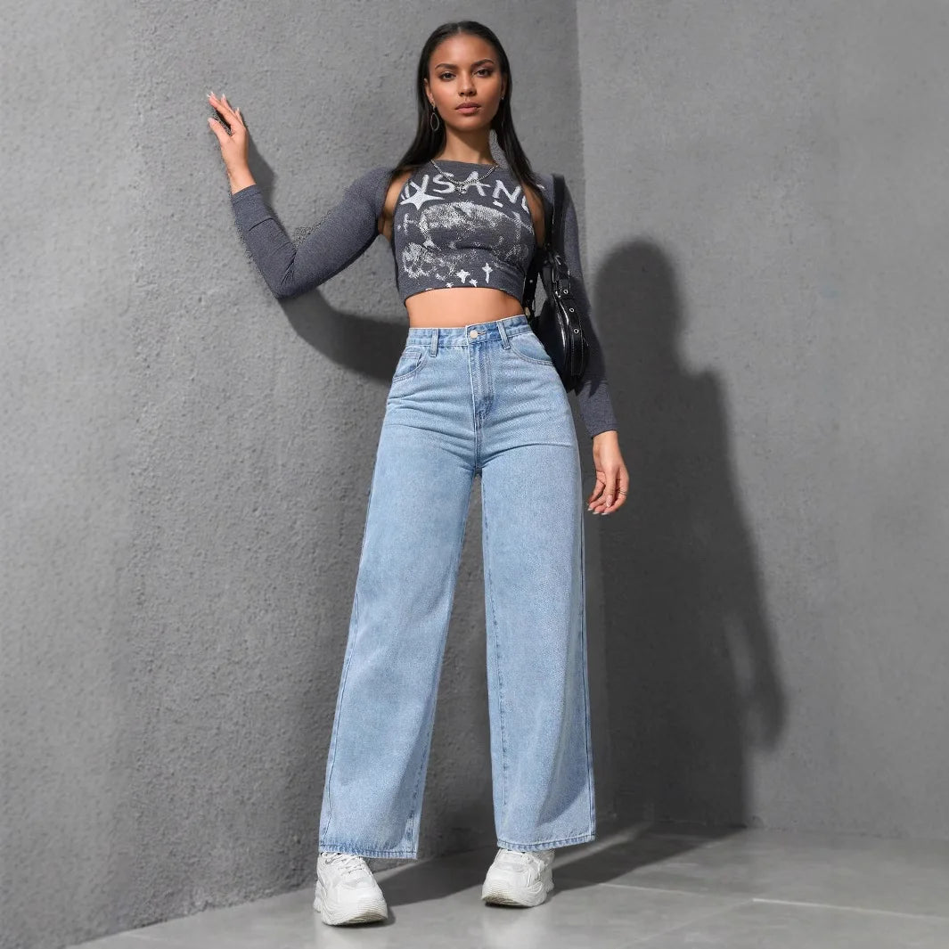Wide Leg Denims High Waist Washed Distressed