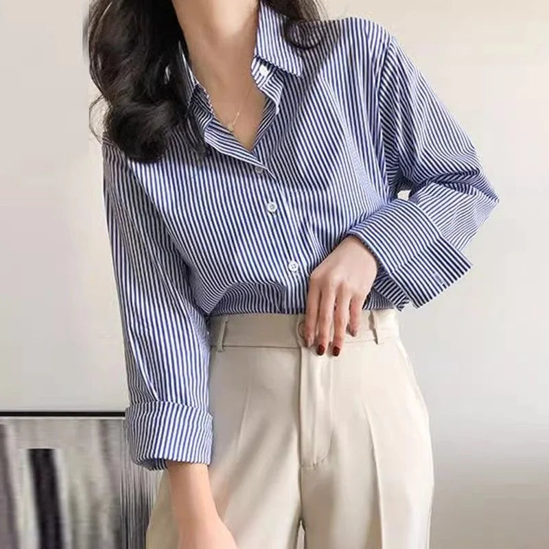 Classic Striped  Long  Sleeve Stand Collar  Tops