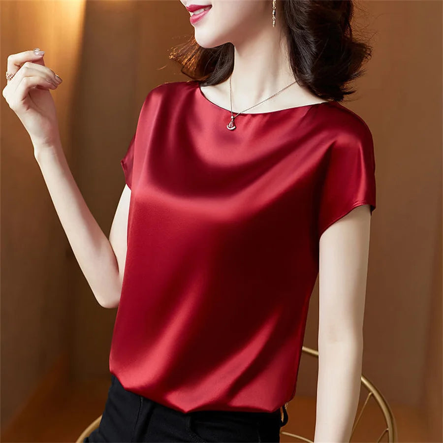 Short Sleeve O-Neck Satin Blouse