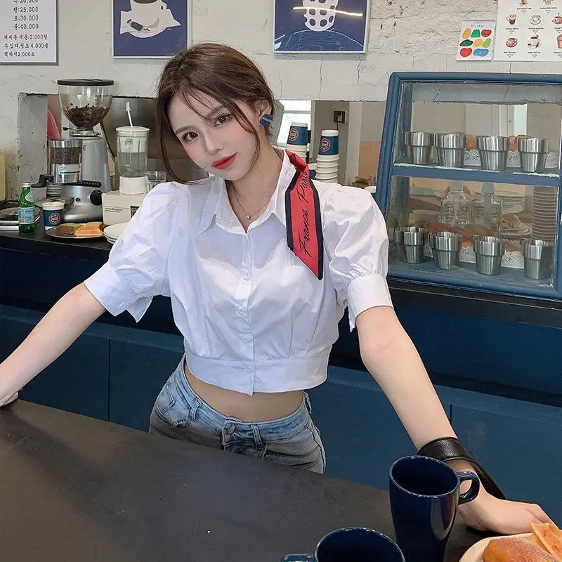 Puff sleeve Shirt Cropped, Collar, Cute Top