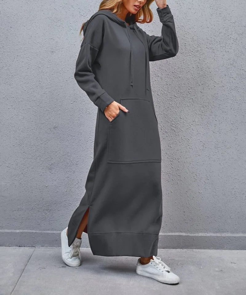Hoodies Dress Lace-up Midi Robe Hooded
