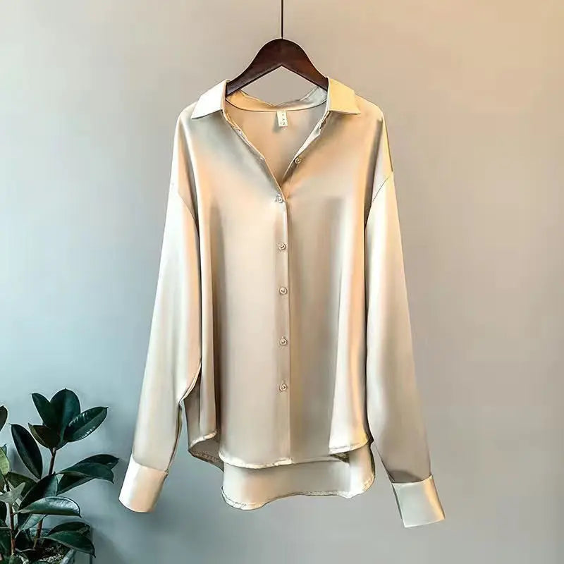 Women Satin Blouse Turn Down Collar