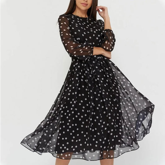 Long Sleeve O-neck Polka Dot Evening Dress