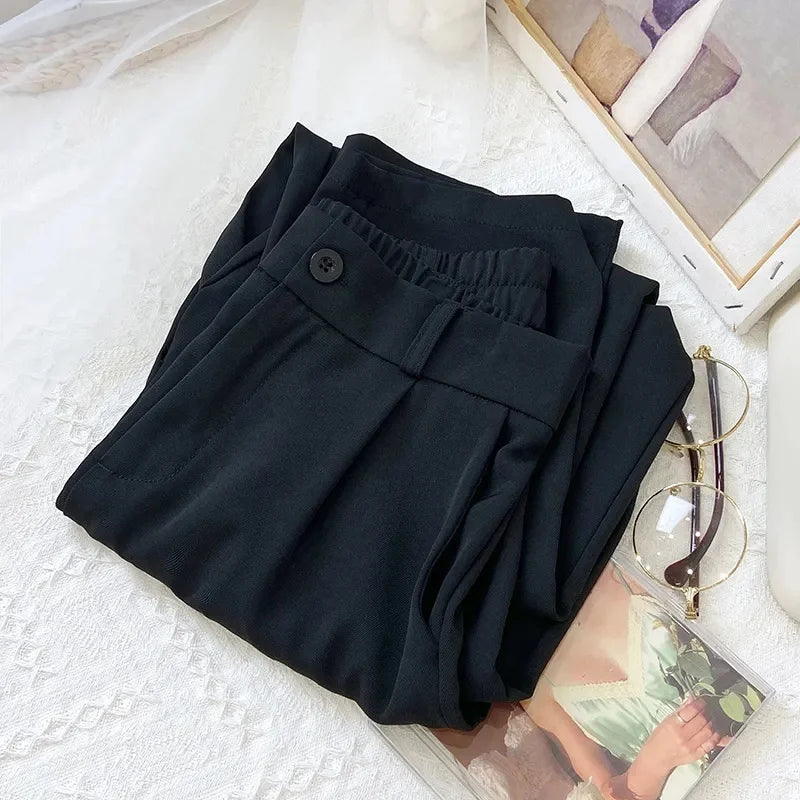 Suit Pants Solid Color Elastic Waist Ankle-Length