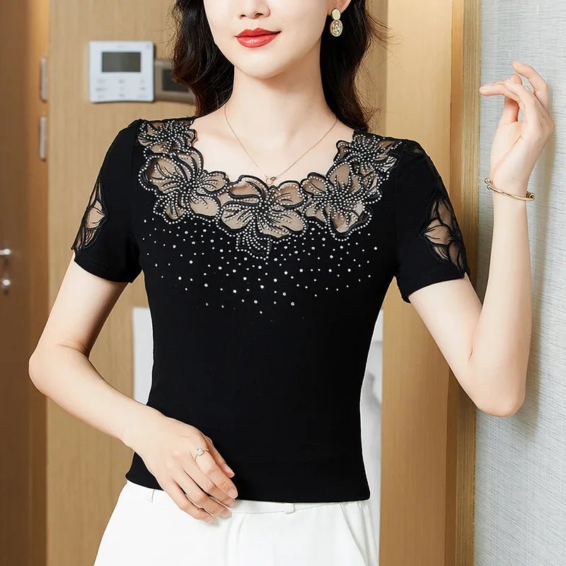 Short Sleeved O-Neck  Mesh Lace Tops