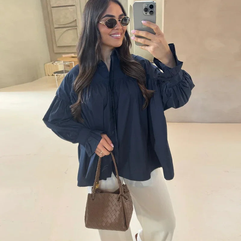 Lantern Sleeve Buttons Turn-Down Collar Pleated Blouse