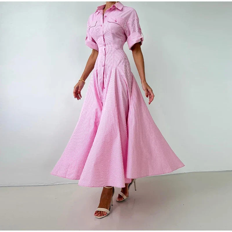 Khaki Long Dress Short Sleeve  A-line