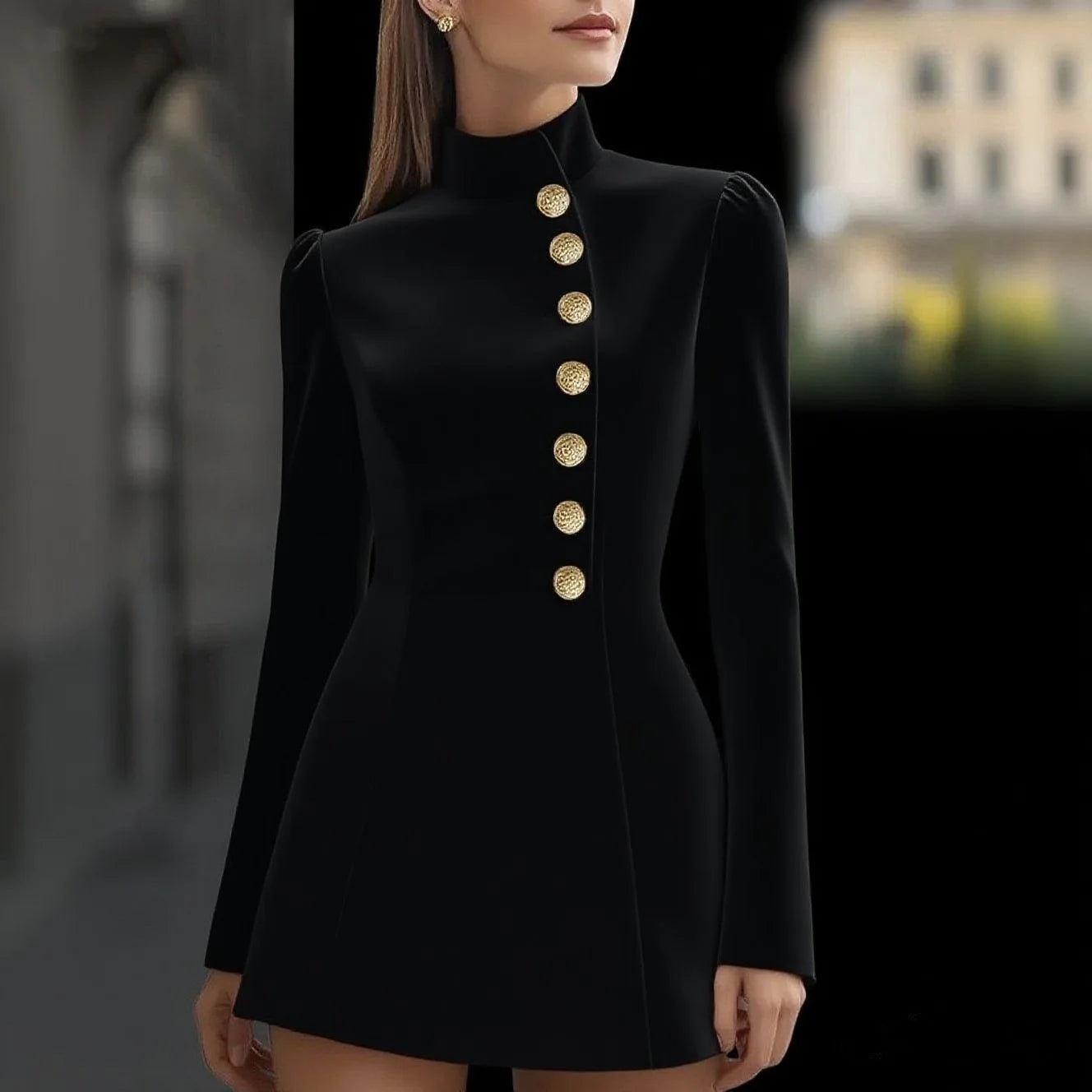 Mini Dress Long Sleeve Solid Button Elegant