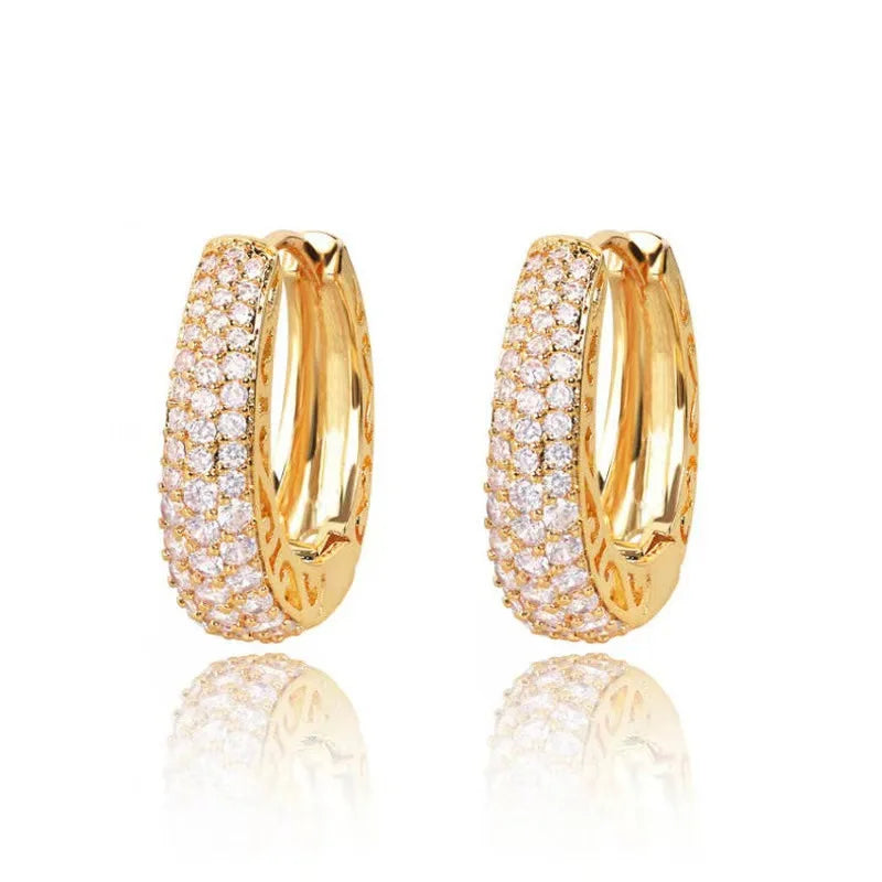 Gold Color Hoop Earrings Paved Dazzling CZ Stones