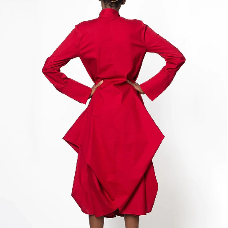 Midi Dress Long Sleeves Loose  Stand Collar