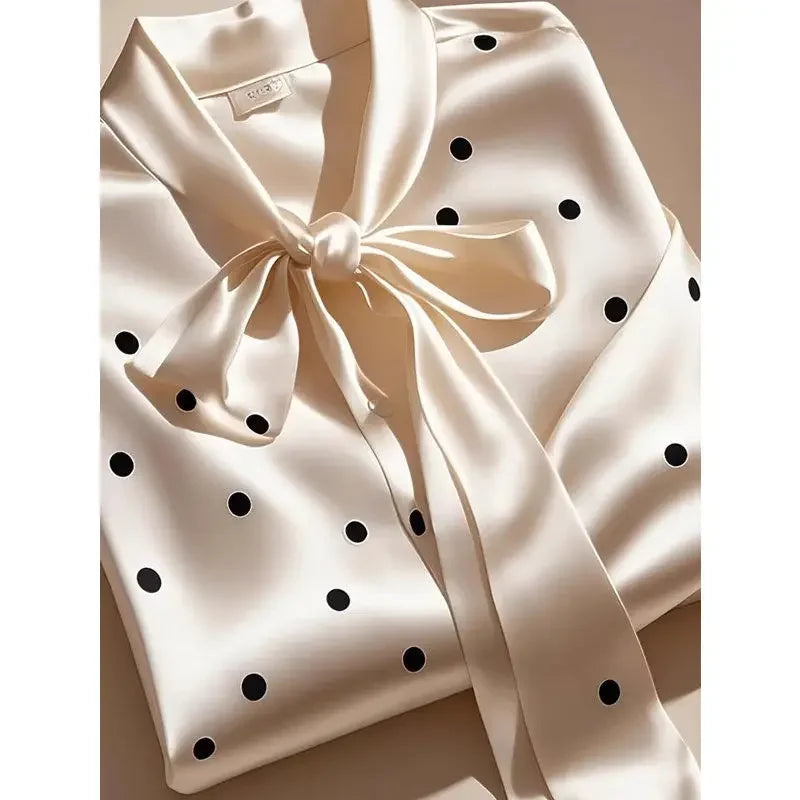 Satin Polka Dot Print Shirt Lace-up Bow
