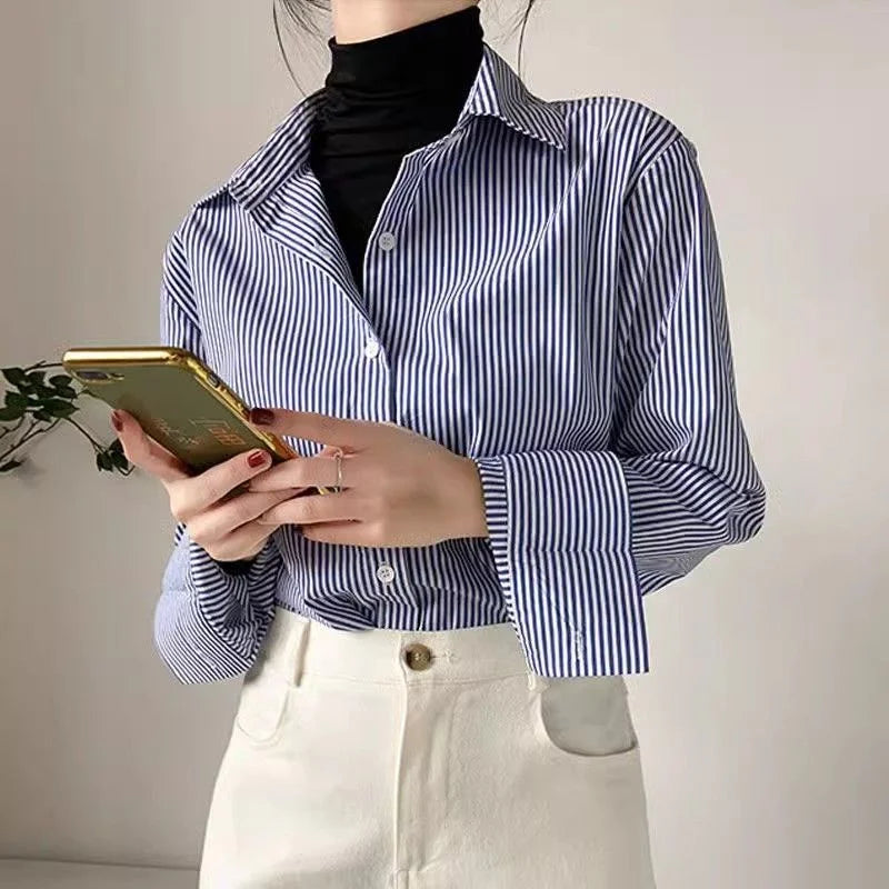 Classic Striped  Long  Sleeve Stand Collar  Tops