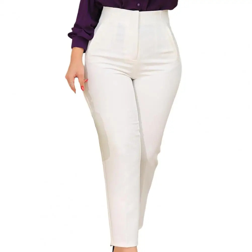 Trousers High Waist Pleated Pockets Solid Color