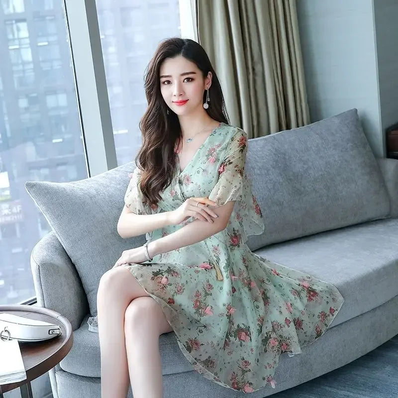 Short Sleeve Flower Floral Mini Dresses