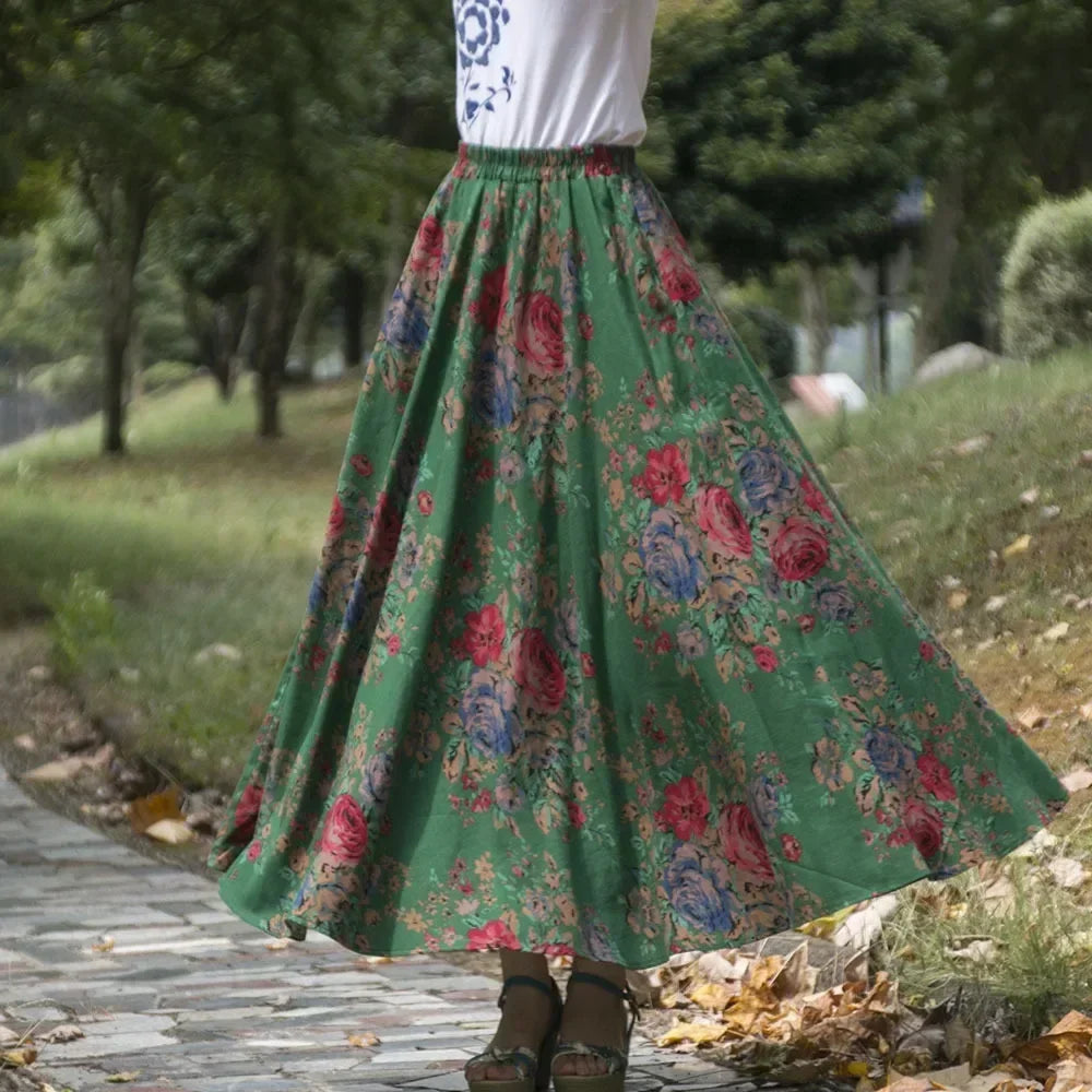Cotton Linen Print Long Skirt Vintage