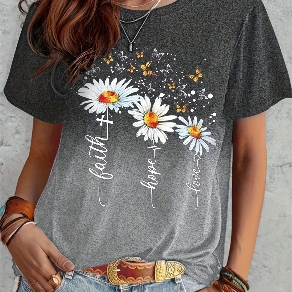 Flower Print Loose Round Neck  Short Sleeve