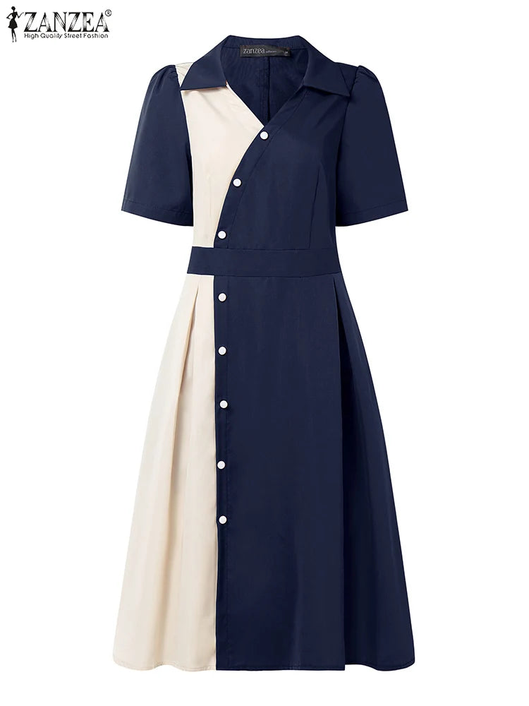 Elegant Lapel Neck Short Sleeve Pleated  Work